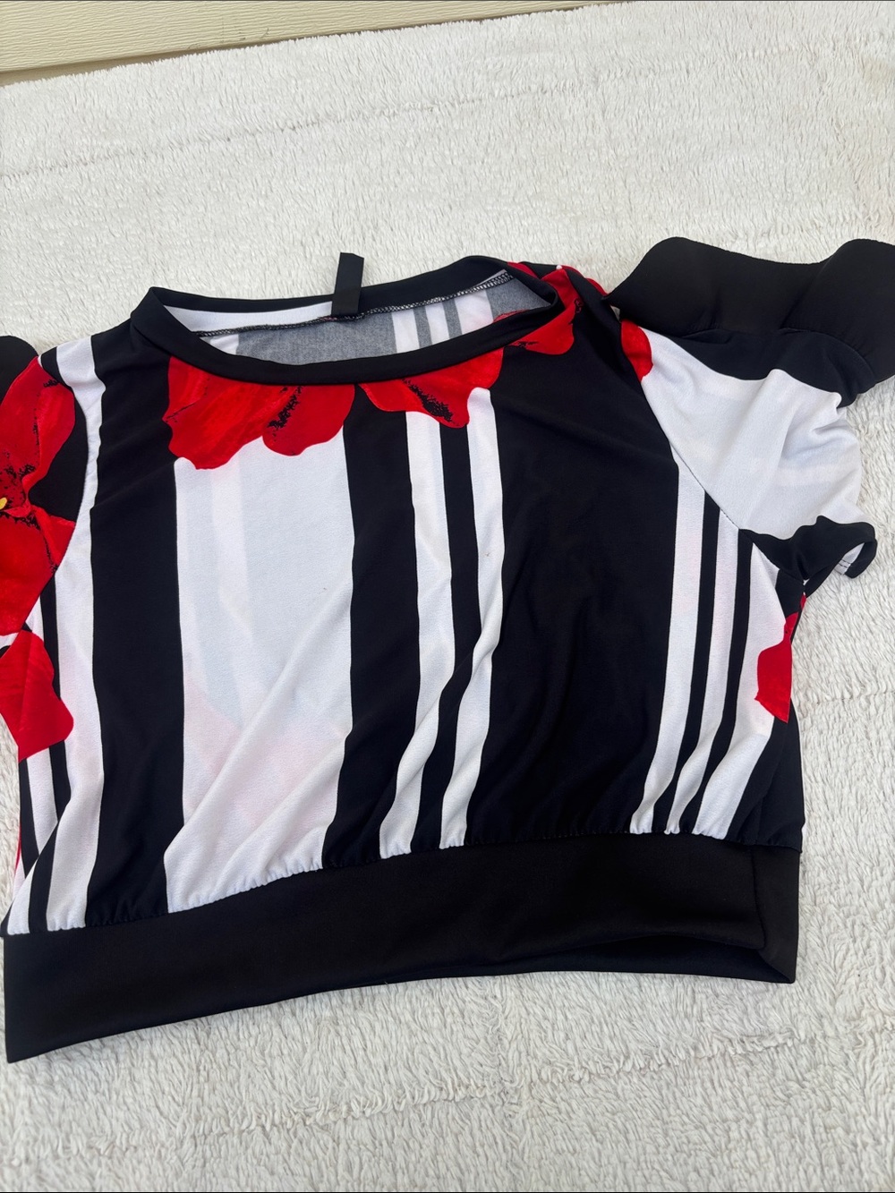 Girls Black & White Striped Top with Red Floral Accents